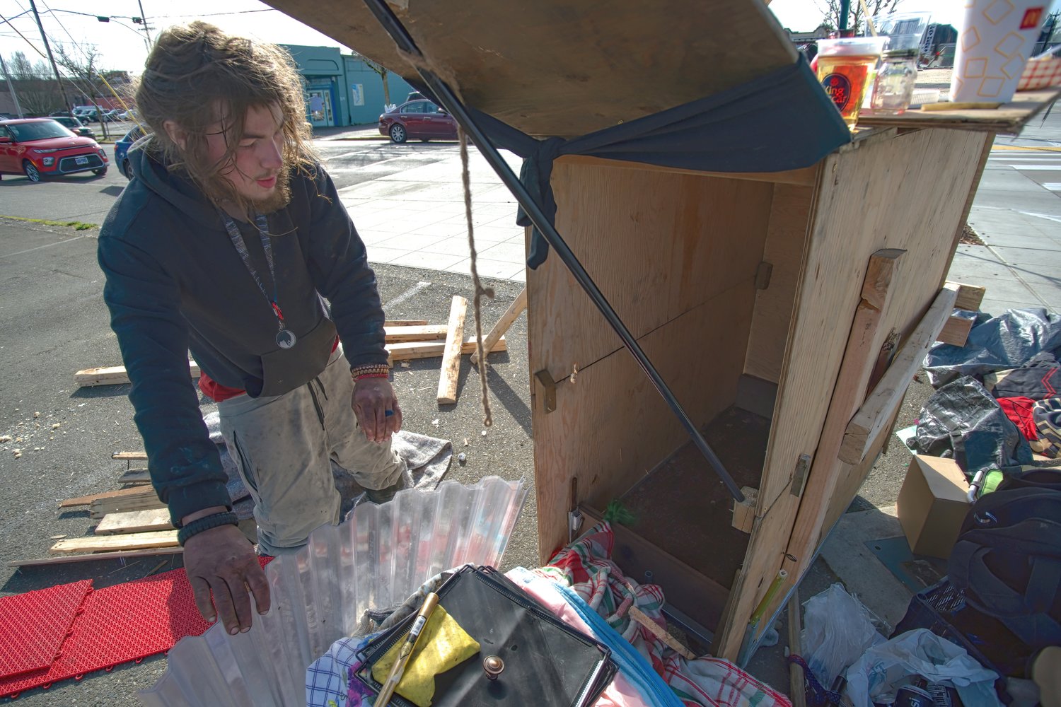 Danny's Condo: homeless person in downtown Olympia explained how he lives in his “mobile condo.”
